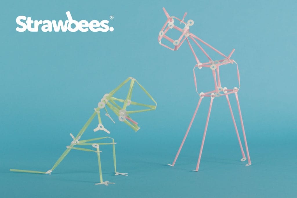 A dinosaur and a giraffe made from straws