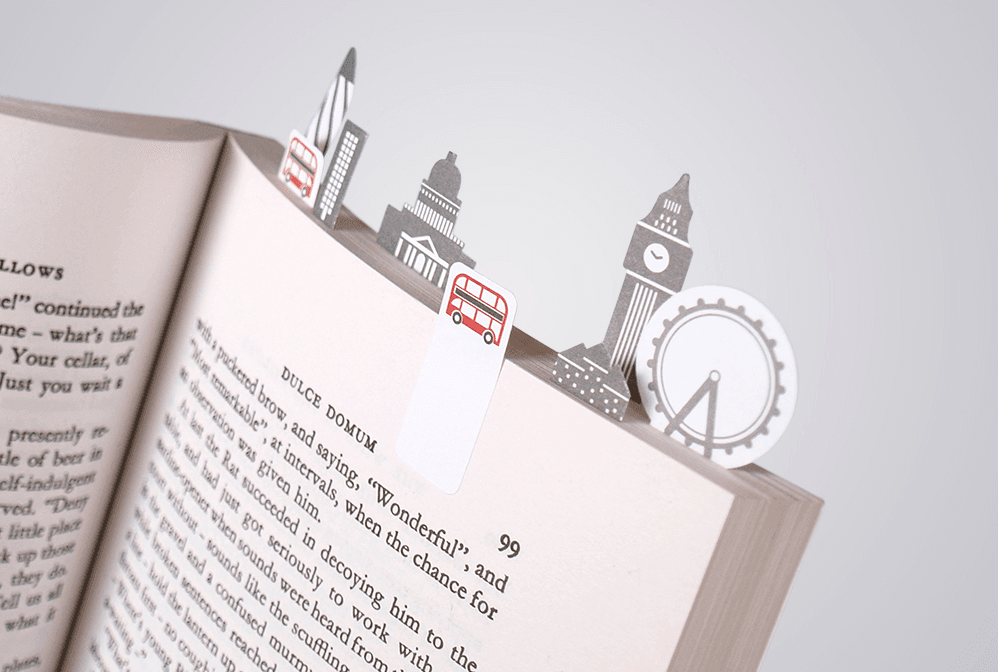 London sticky page markers in a book