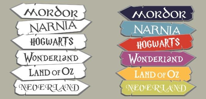 A signpost of different worlds from books and movies