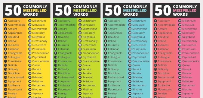 50 Commonly Misspelled Words (UK English Bookmarks)