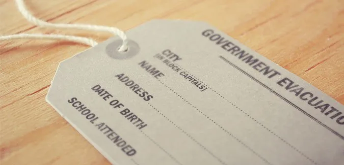 A free, printable replica of a World War 2 evacuation card issued by the UK government