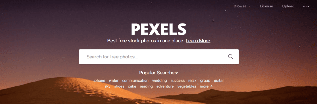 A screenshot of the Pexels stock photo search engine