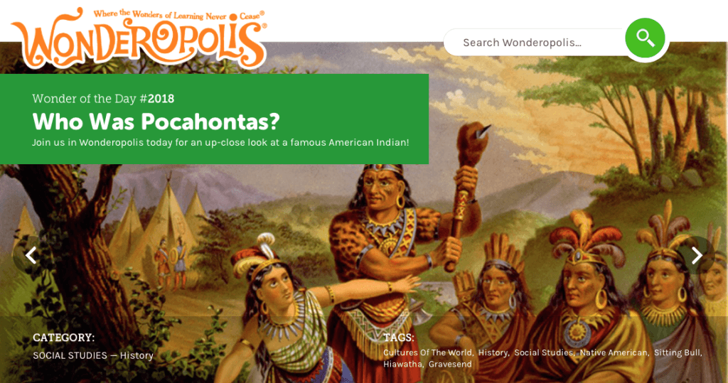 Screenshot of the website Wonderopolis