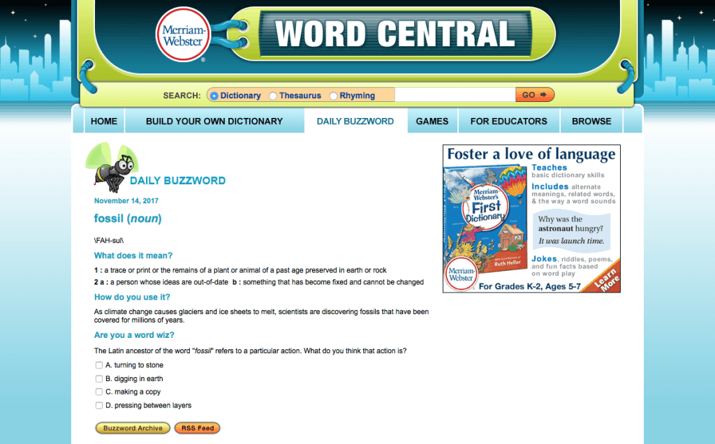 A screenshot of Word Central from Mirriam Webster