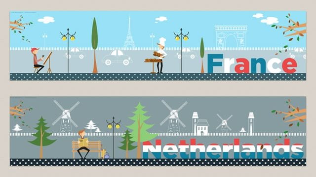 Illustrated banners of two countries, France and the Netherlands