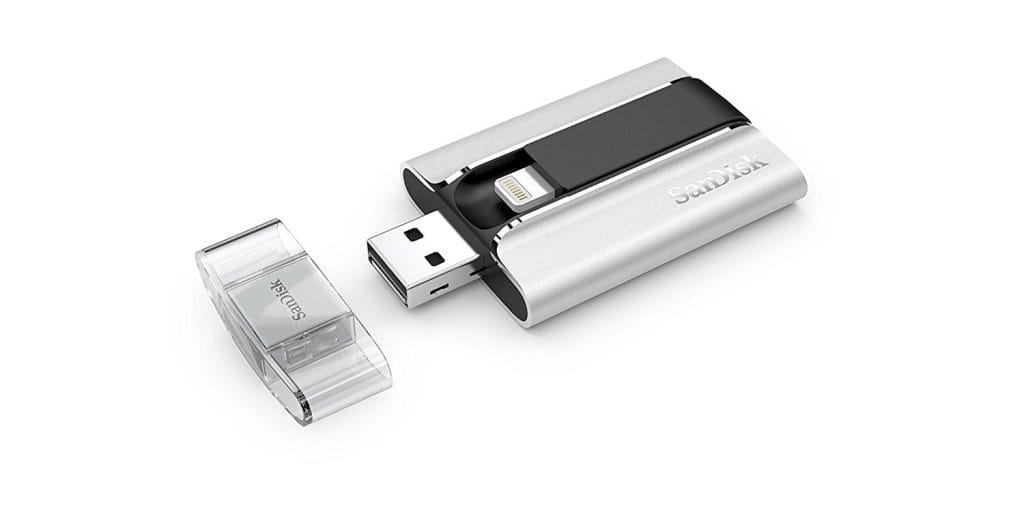 A SanDisk USB flash drive for expanding the storage of an iPad or iPhone