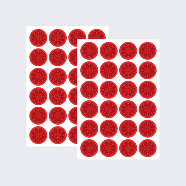 Two sheets of red envelope seals in the style of The Traitors TV show.