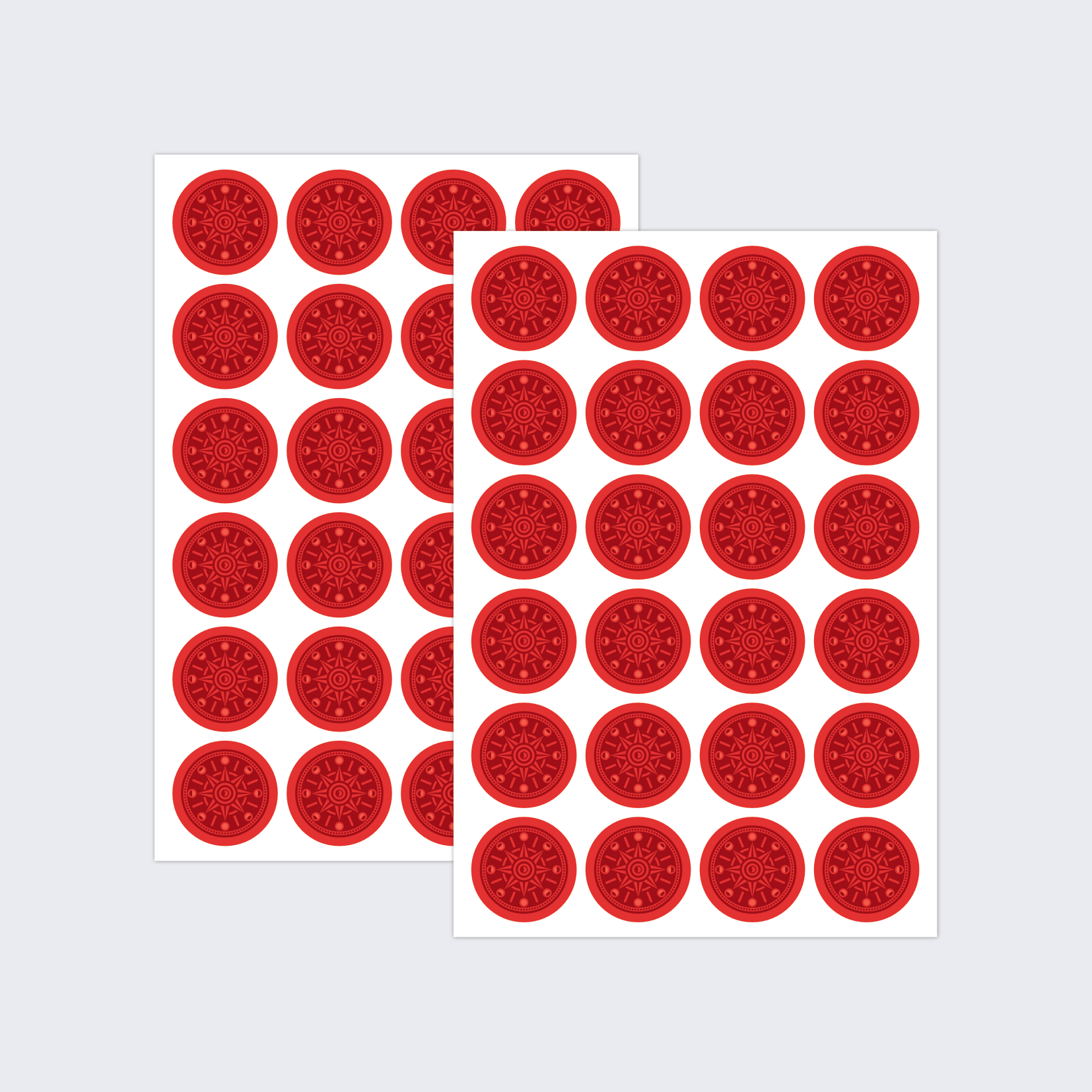 Two sheets of red envelope seals in the style of The Traitors TV show.