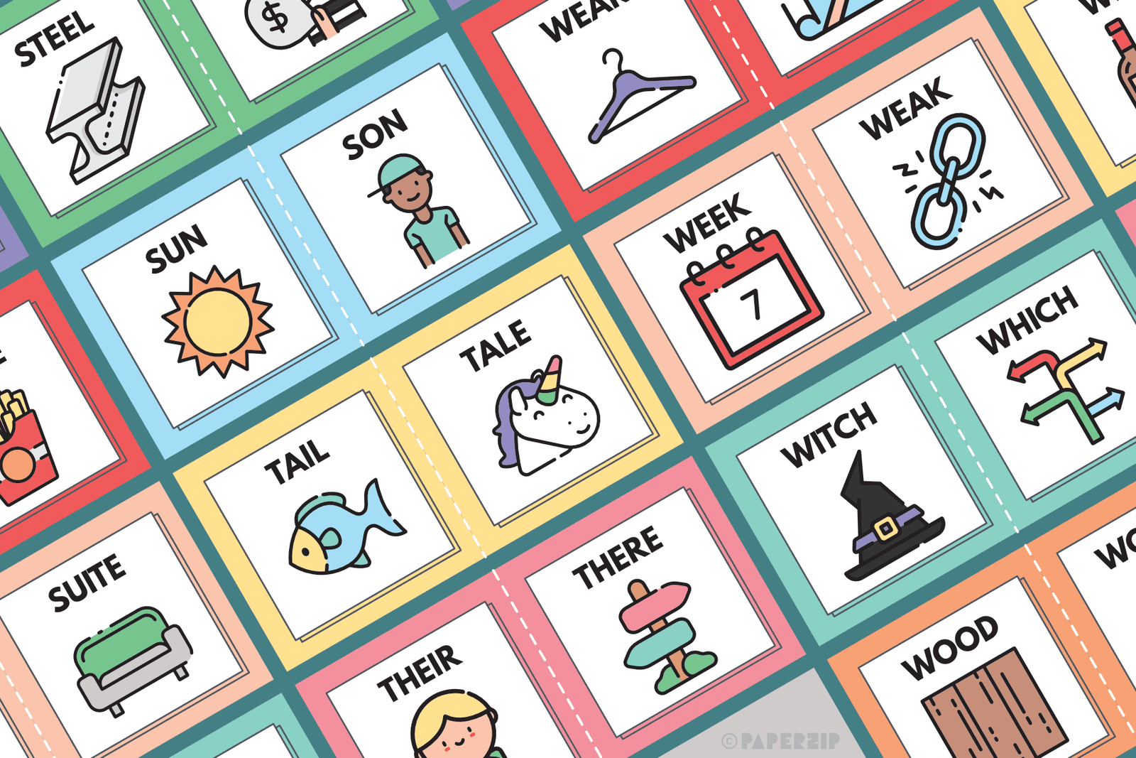 Colourful homophone cards for kids