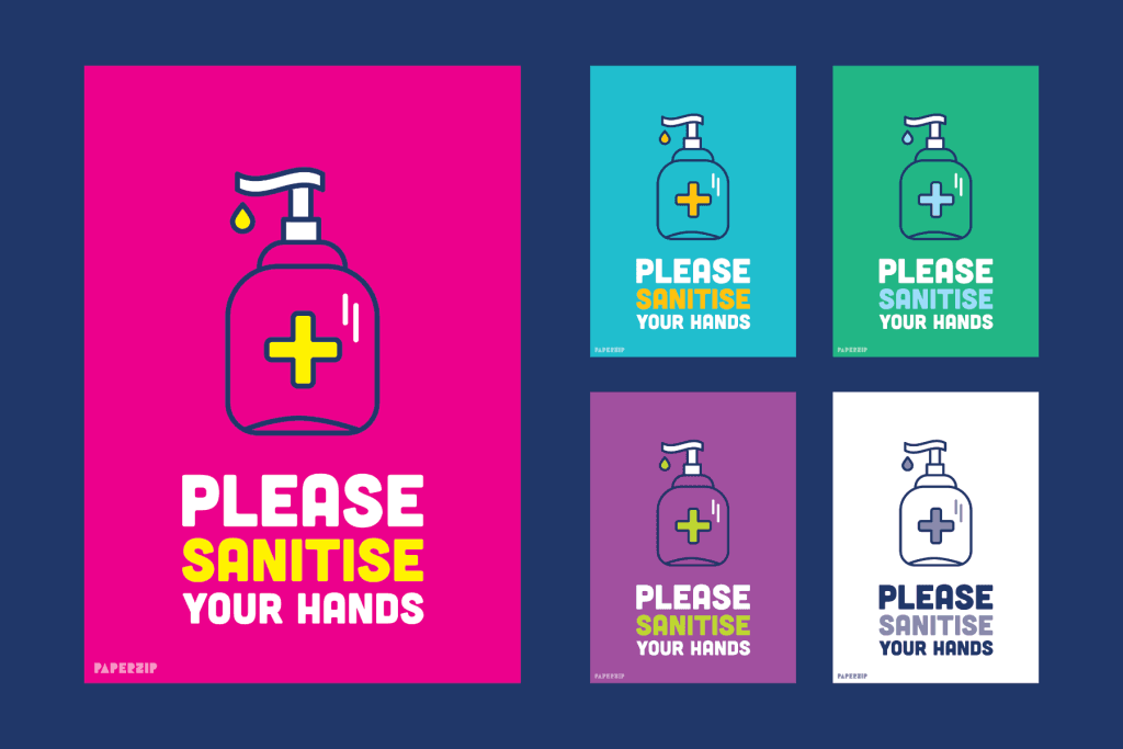 COVID-19 posters for the classroom displaying a bottle of hand sanitiser