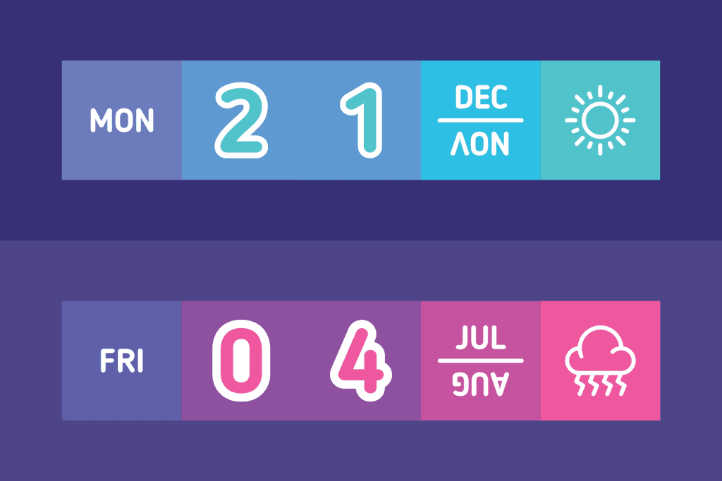 Front-facing sides of a colourful cube calendar displaying the date and weather forecast
