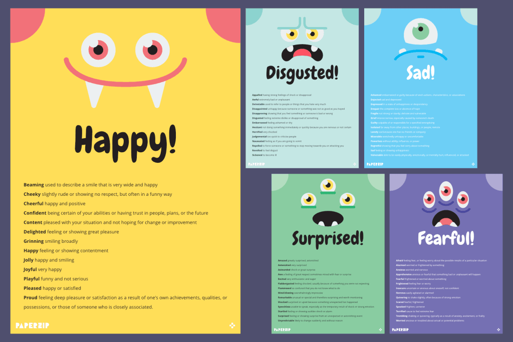 Five colourful posters for helping children express their feelings
