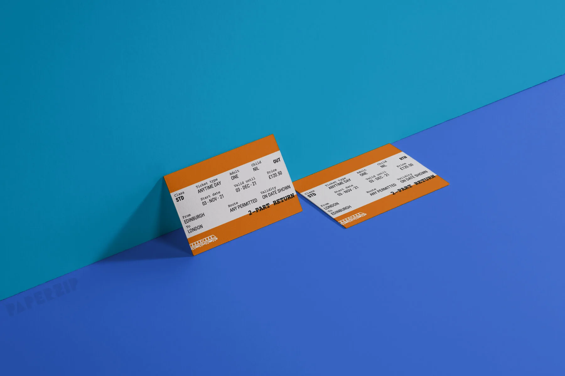 Two orange train tickets that can be customised with your own information