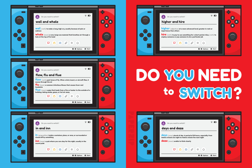 Five Nintendo Switch consoles displaying various homophones
