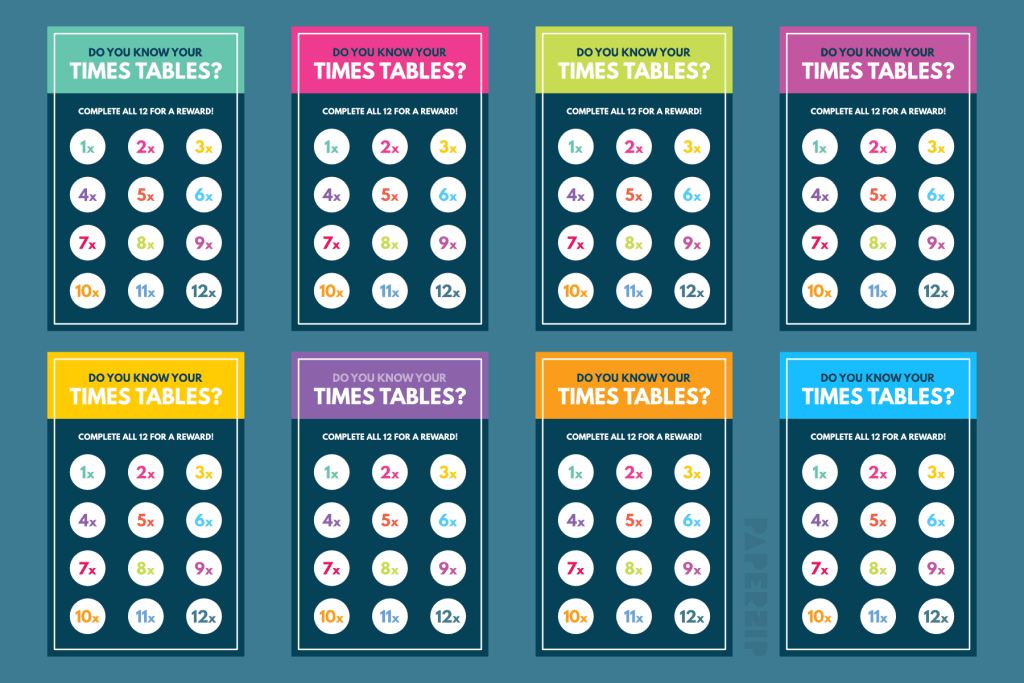 A set of 8 reward cards, in multiple colours, for learning your times tables
