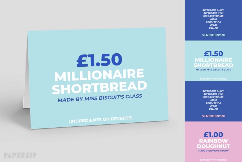 a tent fold of a bake sale pricing card
