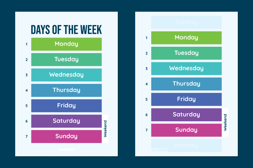 Two days of the week posters in a colourful style on a dark background.