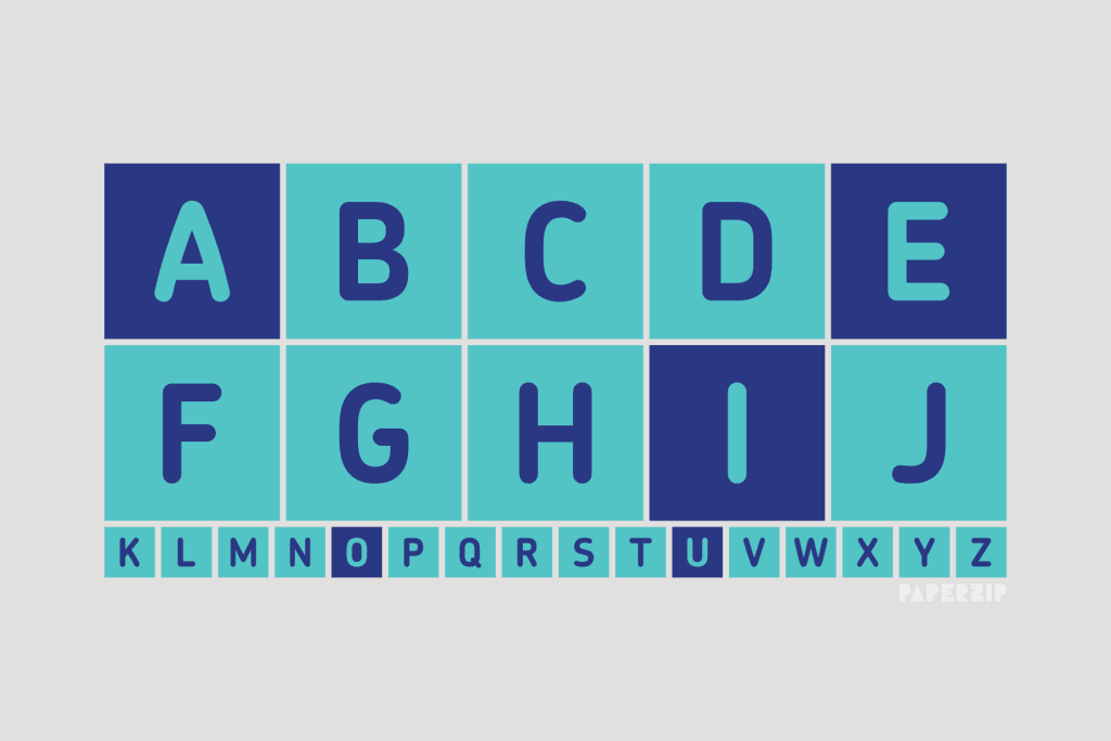 Blue letters in a grid where the vowels are highlighted from the consonants