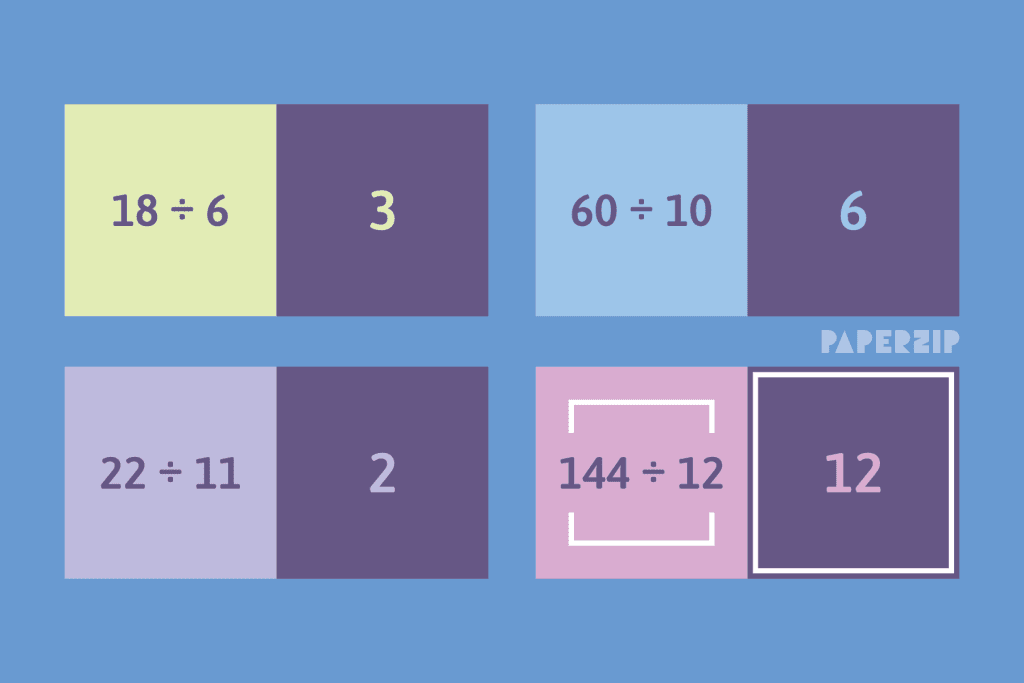 A set of division flash cards in various colours, on a blue background