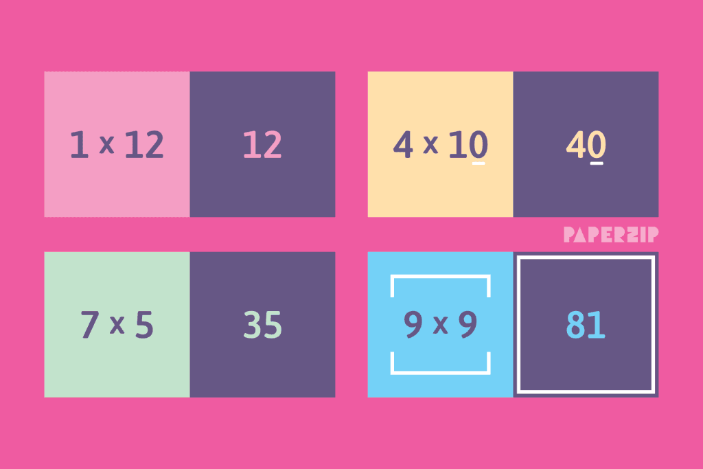 A set of foldable multiplication flash cards in various colours, on a pink background