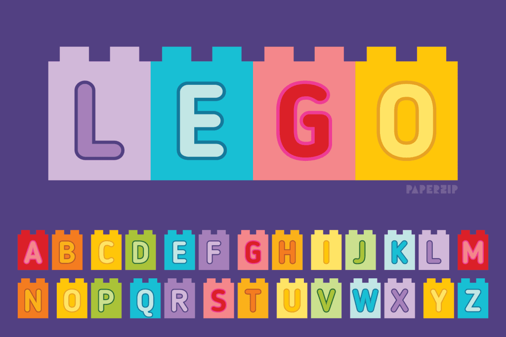 A set of printable letters in the style of LEGO Duplo building blocks.