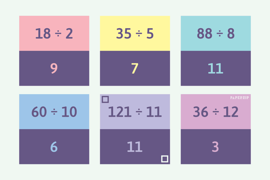 A set of free division flash cards for 1-12 times tables.
