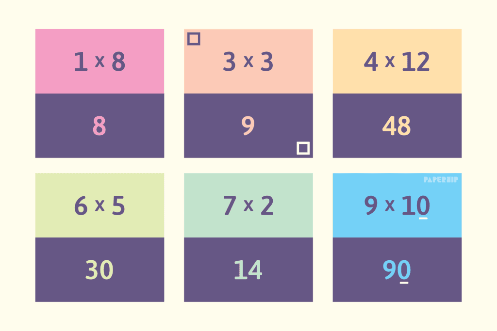 free times table flash cards in various colours
