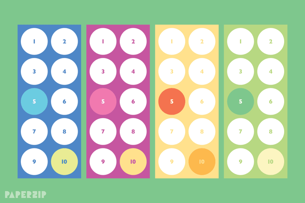 Reward bookmarks in bright colours. Blue, pink, yellow and green. Each one displays 10 spaces for attaching a sticker.