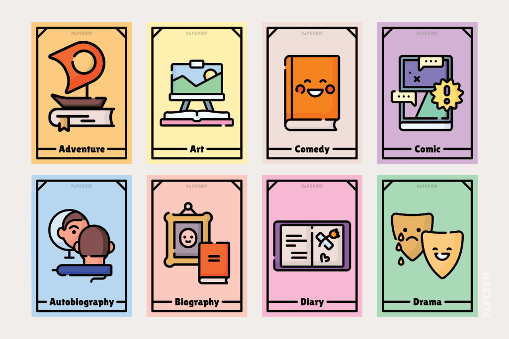 A set of printable cards in eight colours for helping children with creative writing. Each card displays the reading genre and a linear illustration.