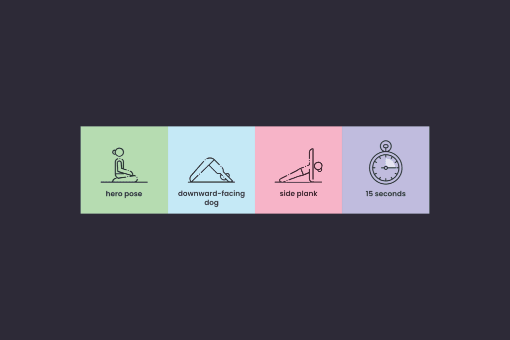 yoga for kids dice templates showing three different difficulty levels and a timer