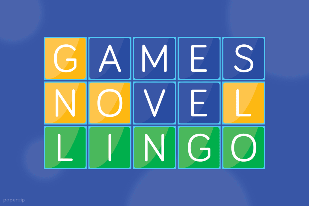 An example of our free printable game in the style of Wordle or Lingo. It displays a guess of GAMES, then NOVEL, and finally LINGO.