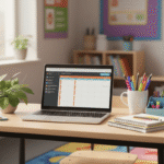 A tidy teacher's desk with a laptop, plant and pencil pot.