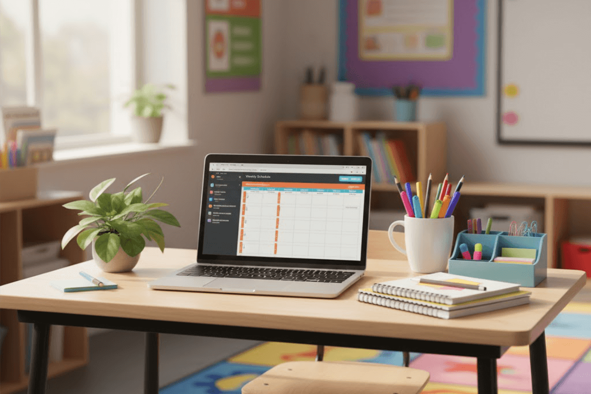 A tidy teacher's desk with a laptop, plant and pencil pot.