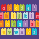 A-Z letters in lowercase format that look like LEGO Duplo building blocks.