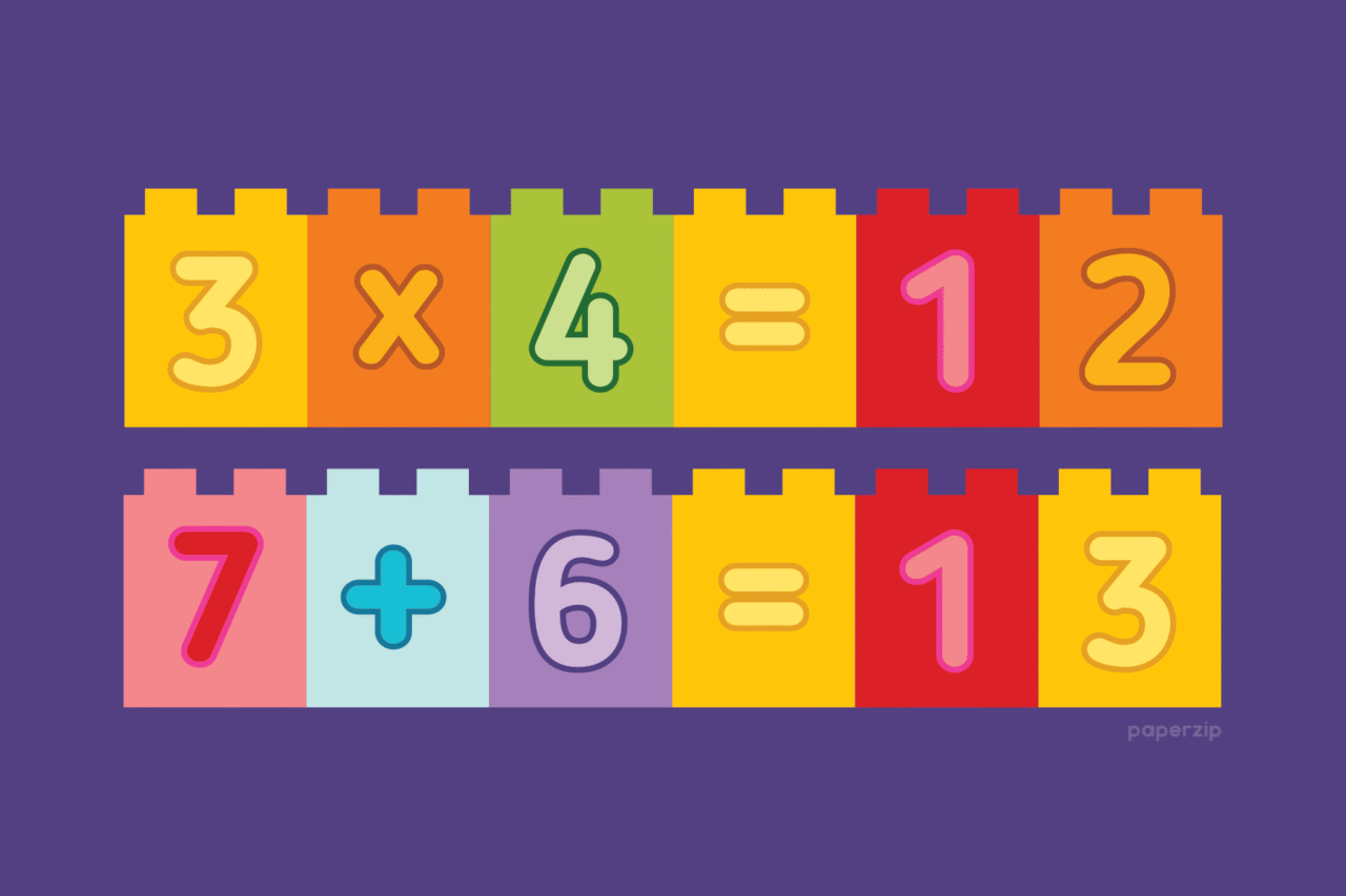 Numbers on LEGO Duplo-style printable blocks. 3x4=12 and 7+6=13.