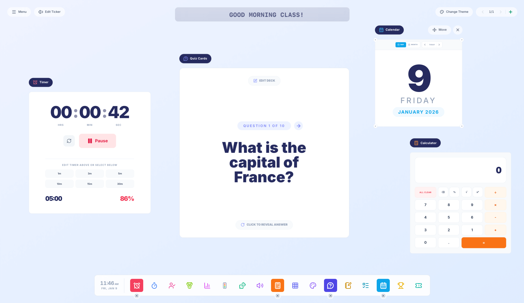 A screenshot of the Desktop by Paperzip classroom tools app, showing a timer, quiz card, date and a calculator.