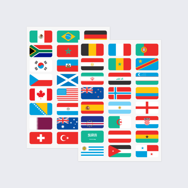 Two sheets of stickers showing the flags of countries competing in the 2026 Football World Cup.