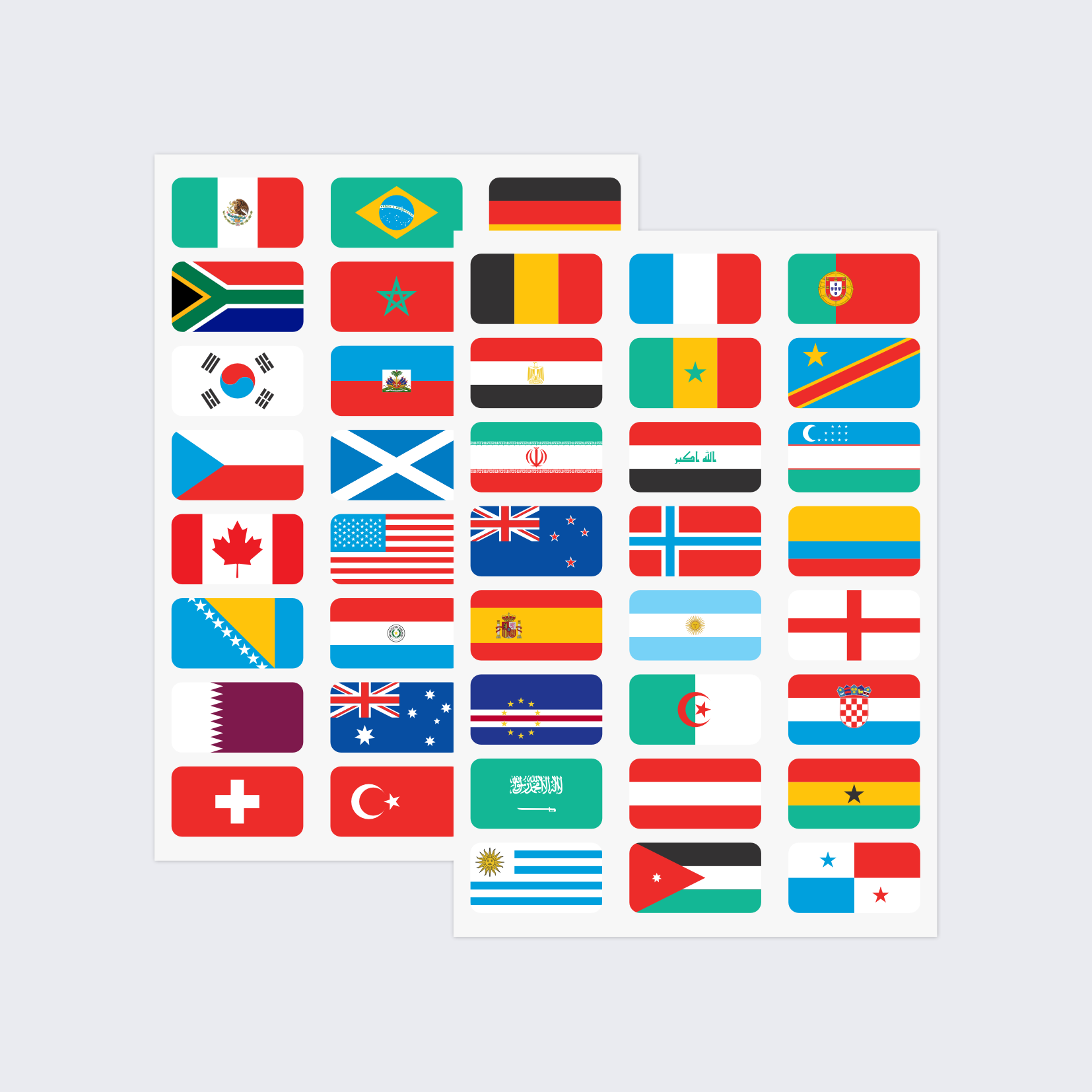 Two sheets of stickers showing the flags of countries competing in the 2026 Football World Cup.