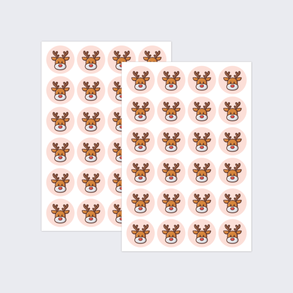 Two sheets of stickers by Paperzip displaying cute red-nosed reindeer.