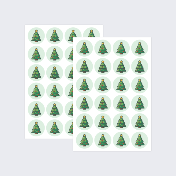 Two sheets of Christmas tree stickers with cute smiley faces.
