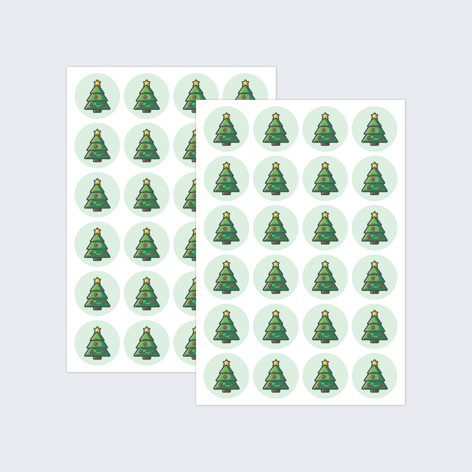 Two sheets of Christmas tree stickers with cute smiley faces.