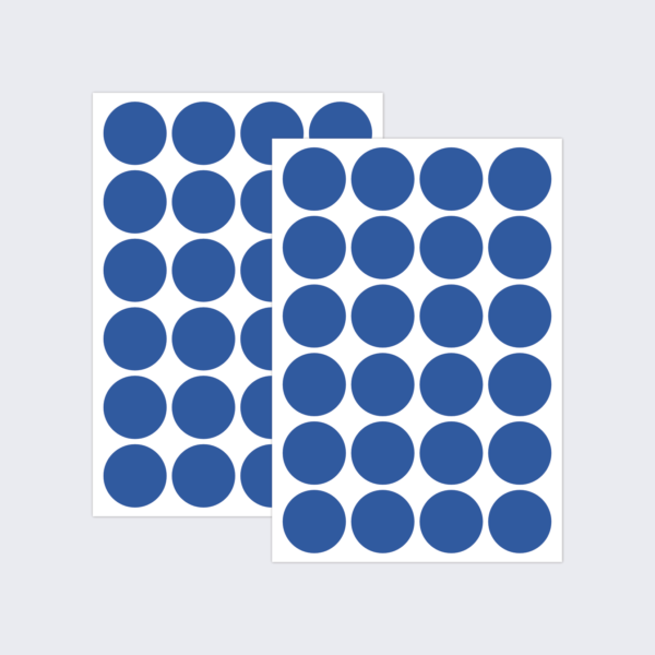 Two sheets of dark blue dot stickers for colour coding documents and files.