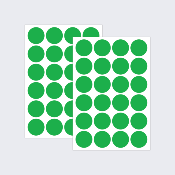 Two sheets of green dot stickers for colour coding documents and files.