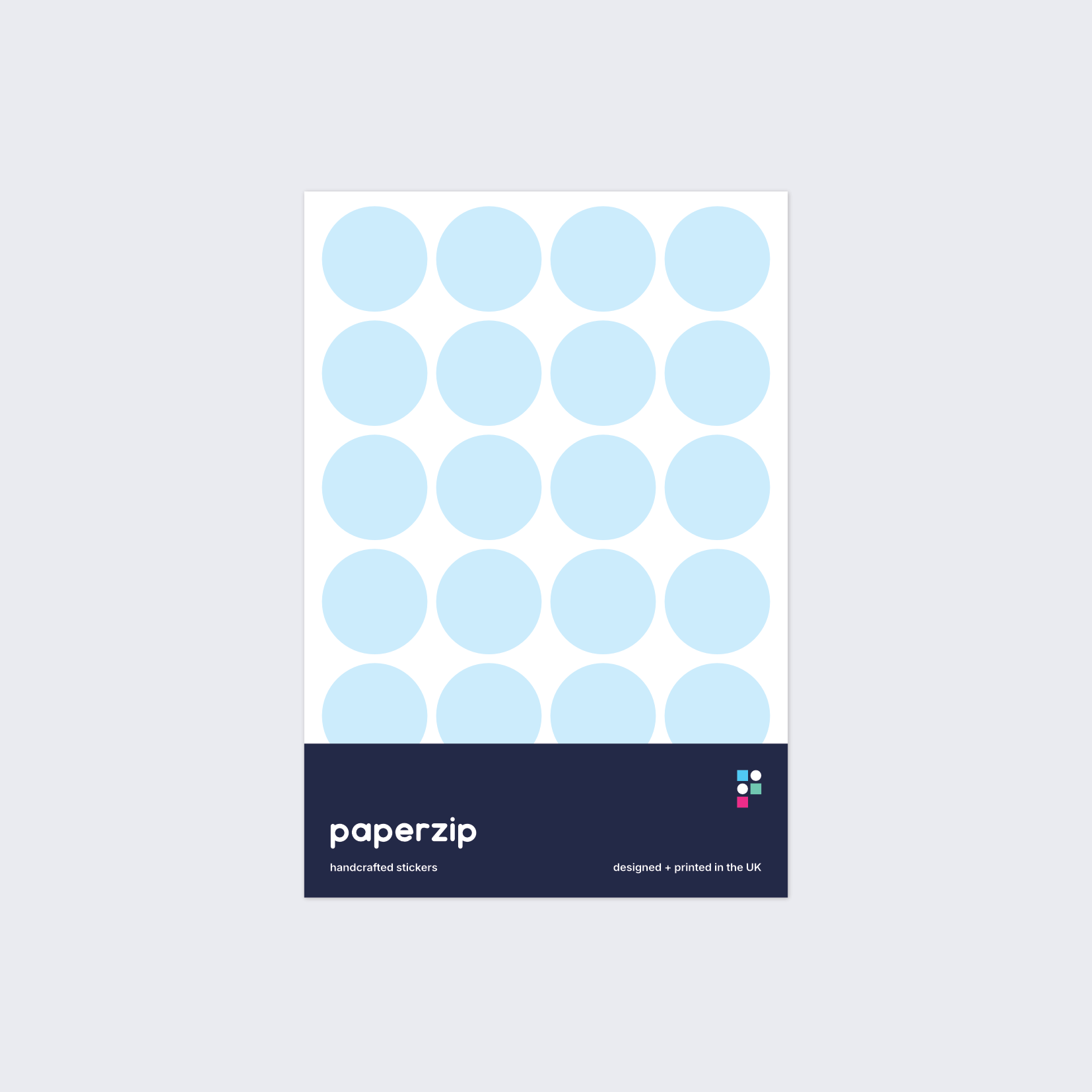A pack of stickers featuring light blue dots for colour coding documents and files.