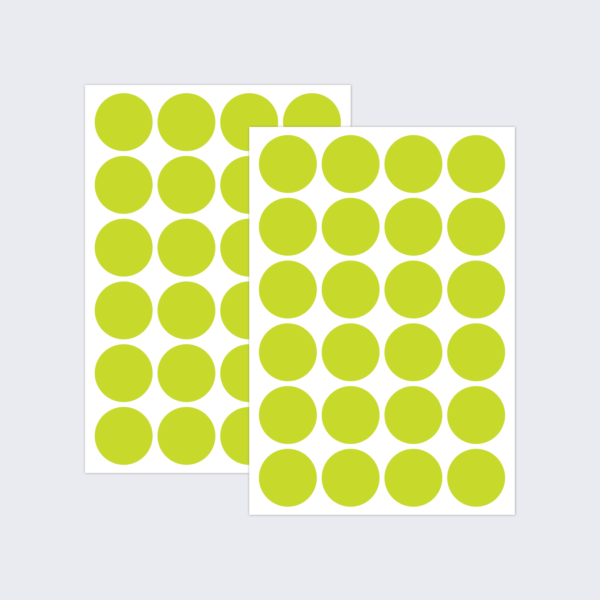 Two sheets of lime green dot stickers for colour coding documents and files.