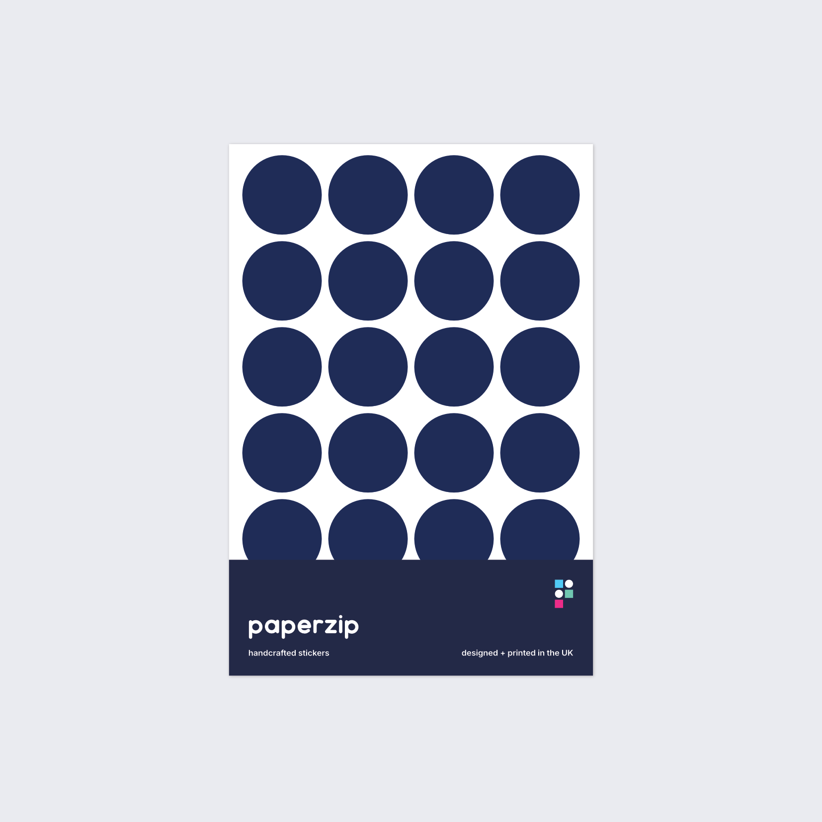 A pack of stickers featuring navy blue dots for colour coding documents and files.