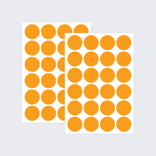Two sheets of orange dot stickers for colour coding documents and files.