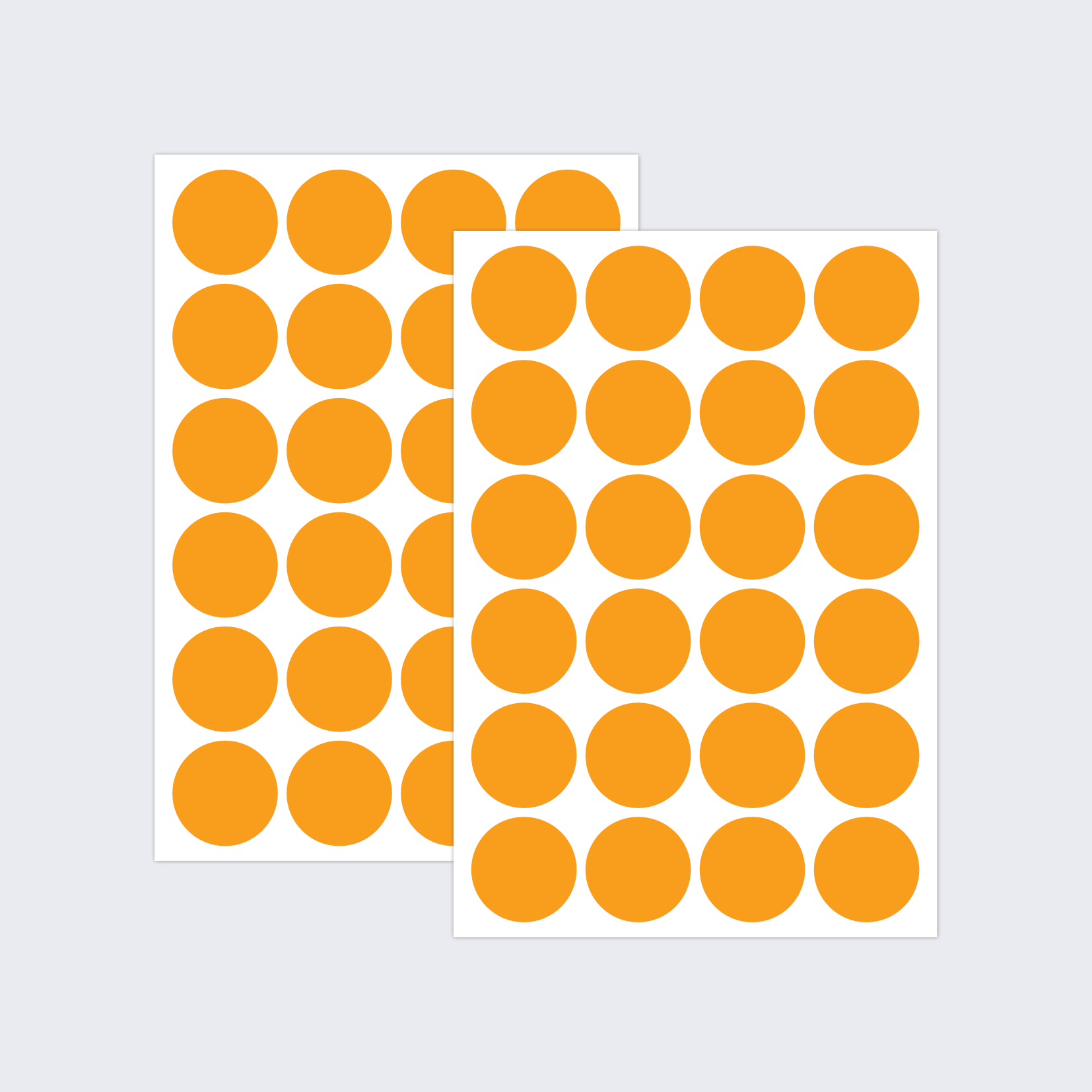 Two sheets of orange dot stickers for colour coding documents and files.