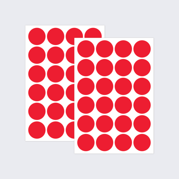Two sheets of red dot stickers for colour coding documents and files.