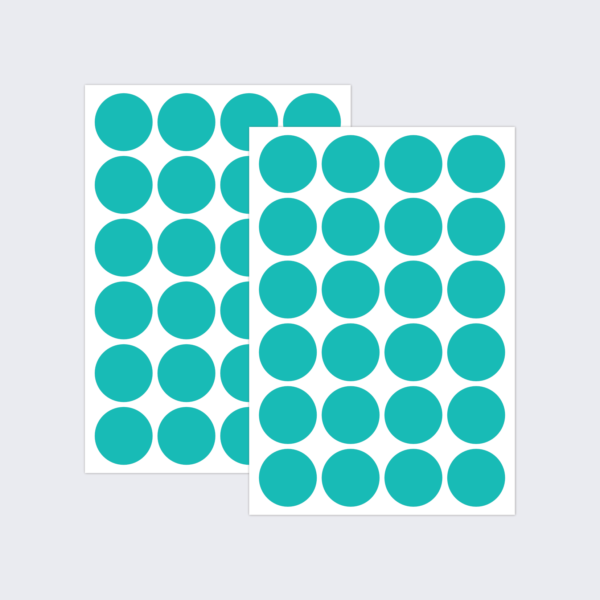 Two sheets of turquoise dot stickers for colour coding documents and files.